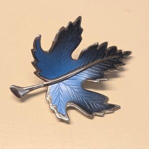 Vintage Blue Maple Leaf Brooch Pin Enamel Silver Tone Elegant Autumn Jewelry
